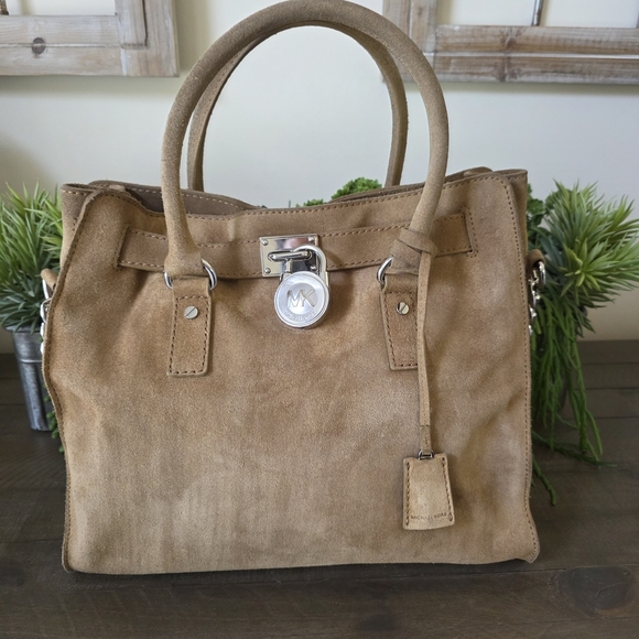 Vintage Michael Kors Distressed Brown Suede Tote Bag With Silver MK Lock - Picture 2 of 15